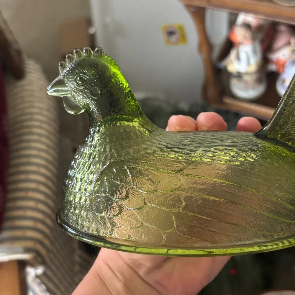 Vintage Olive Green Glass Hen on Nest Covered Dish Beaded Rim Cottage Core Hen